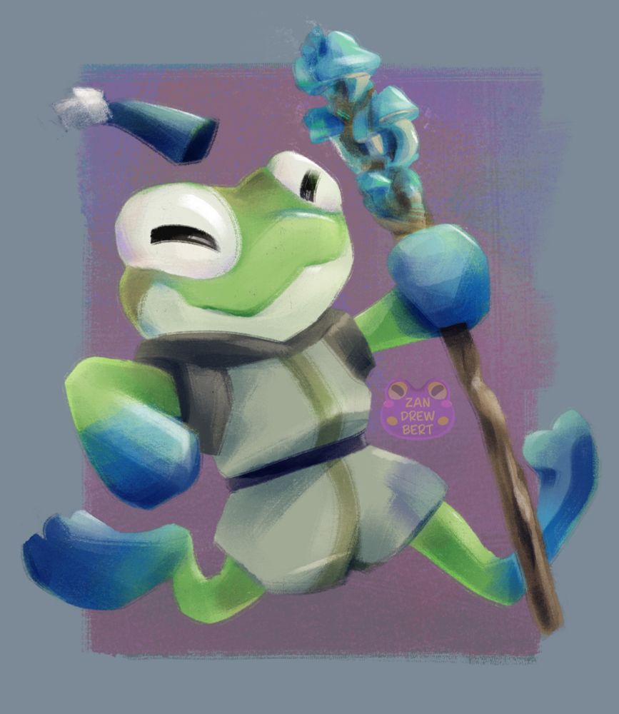 Artfight of Stagrat's character Peabea. Green and blue Bullywug Sorcerer. Running with a staff covered in blue mushrooms. 