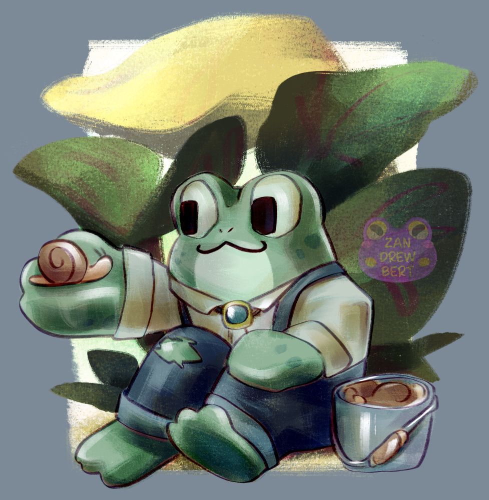 Artfight of applezzpie's frog character Buffy. Buffy sits in overalls next to a bucket filled with snails. He is holding a snail and smiling. 
