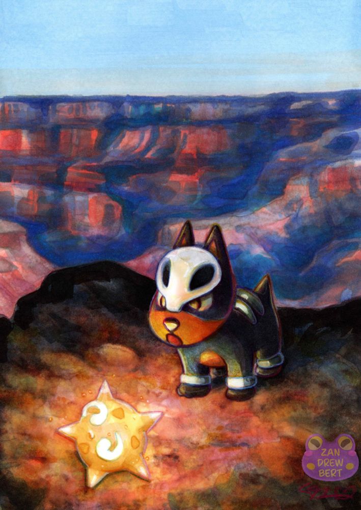 Marker drawing of the pokemon Houndour. They are in the foreground of a vast canyon scene. Their attention is on another pokemon who has fallen just in front of them. The pokemon is Minior a meteor star shaped pokemon glowing yellow. Houndour is confused. 