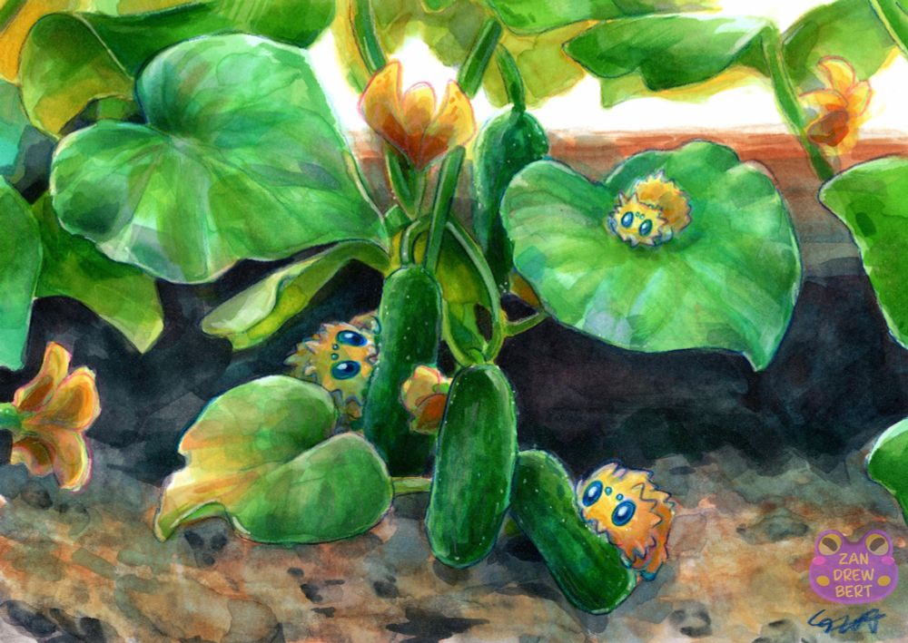 Marker drawing of the pokemon Joltik. Three small yellow Joltik have found this cucumber plant. Green leaves cover the planter box shading the Joltik. One sits on a big leaf while the other two eat cucumber. 