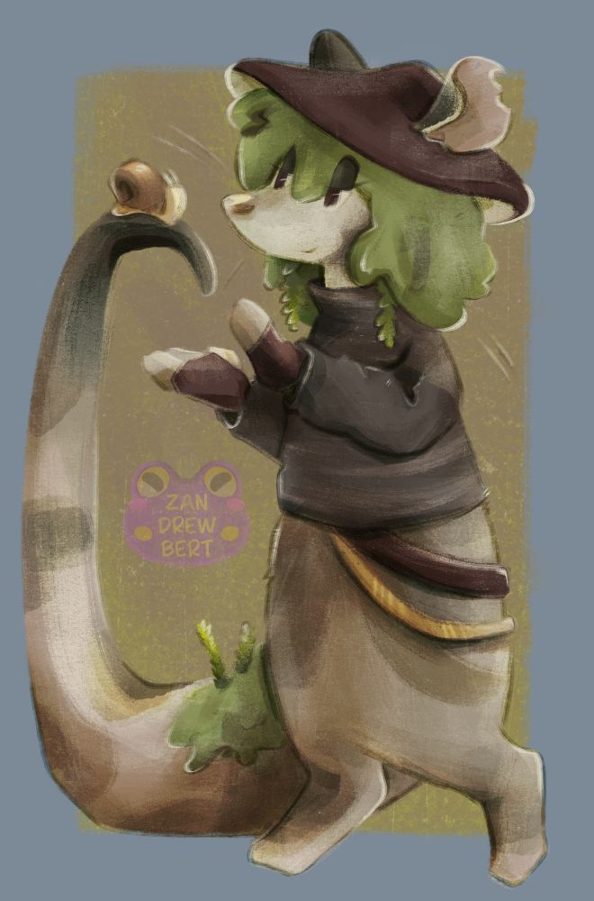 Artfight for Neeciachan's character Mossy. Earthy colored possum wearing a sweater. Mushroom hat and green plant hair. Gloved hands reaching towards a snail on Mossy's tail. 