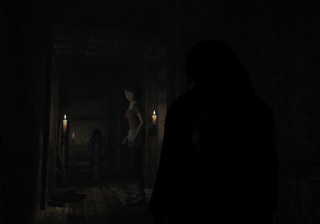 cutscene of two dolls staring down japanese girl in creepy dilapidated hallway