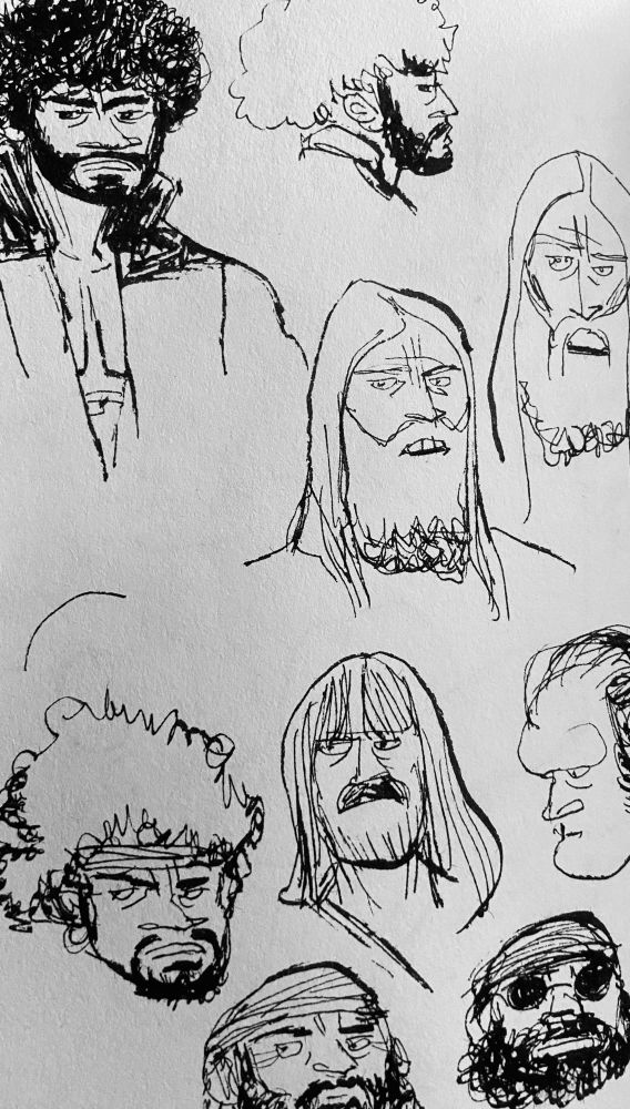 Sketches of scruffy biker guys’ faces 