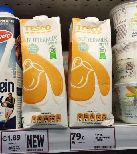 2 cartons of Tesco branded Buttermilk.  The design on the front of the cartons looks somewhat like a cock and balls.