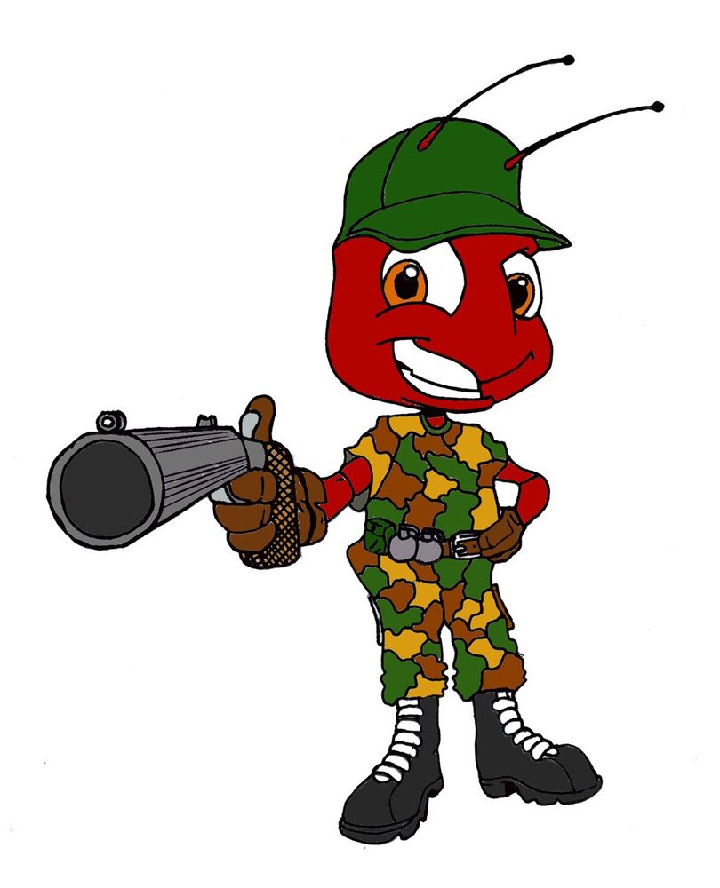 Caricatura de una hormiga antropomorfizada que apunta con un arma mientras sonríe 