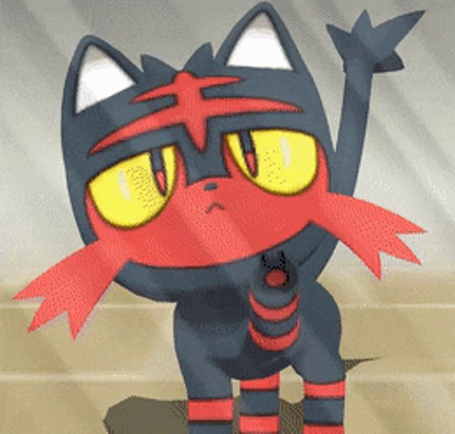 a cartoon cat with yellow eyes and red stripes on its legs