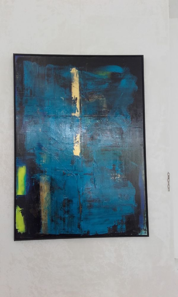 toile de l'artiste Voz.
acrylique étalée à la spatule
bleu, noir, jaune, or