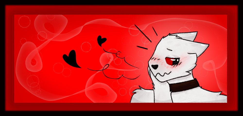 digital drawing of a white cat fursona with red eyes. it is visible from the shoulders up and wearing a brown collar. it is blushing with a paw on its cheek and its pupils are dilated, it looks happy. the background is an intense red with white whisps and two black hearts coming from the character.