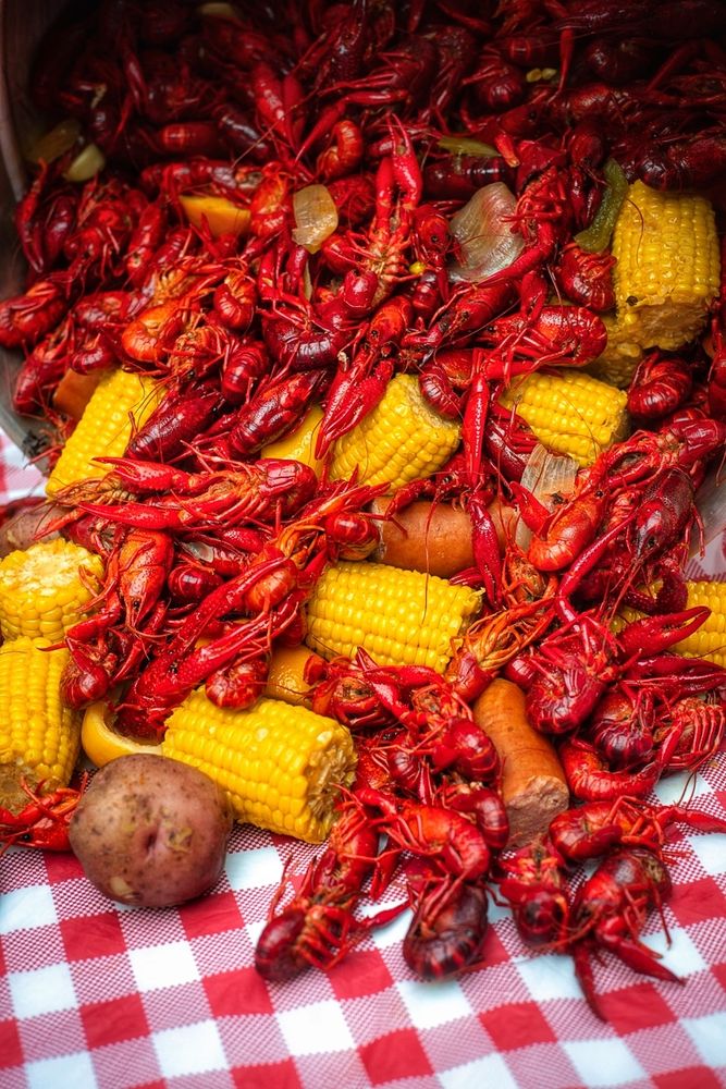 Crawfish boil with whole crawfish, potatoes, corn on the cob, and andouille sausage 