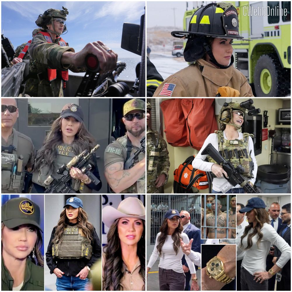 Kristi Noem pictured in various law enforcement and military-style gear, including tactical vests, rifles, and uniforms—alongside police, ICE, military, and fire personnel.