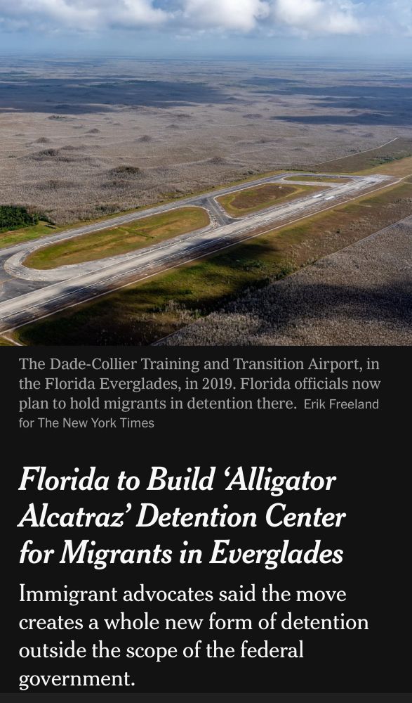 Aerial view of the Dade-Collier Training and Transition Airport, a remote airstrip in the Florida Everglades. The surrounding area is flat, covered with brush and wetlands. Florida officials now plan to detain migrants at this isolated site, nicknamed “Alligator Alcatraz,” raising concerns about a new, state-controlled form of detention outside federal oversight.