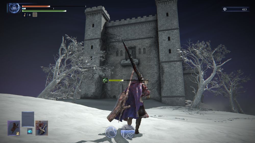 Screenshot from Elden Ring: Nightreign showing the Wylder approaching a black and white building. 