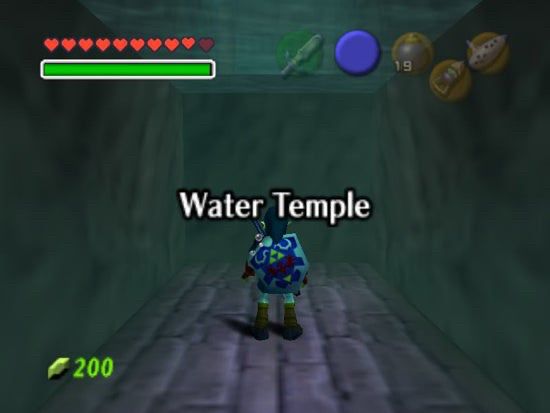 The entrance to the Water Temple from Ocarina of Time with the words “Water Temple” on the screen 