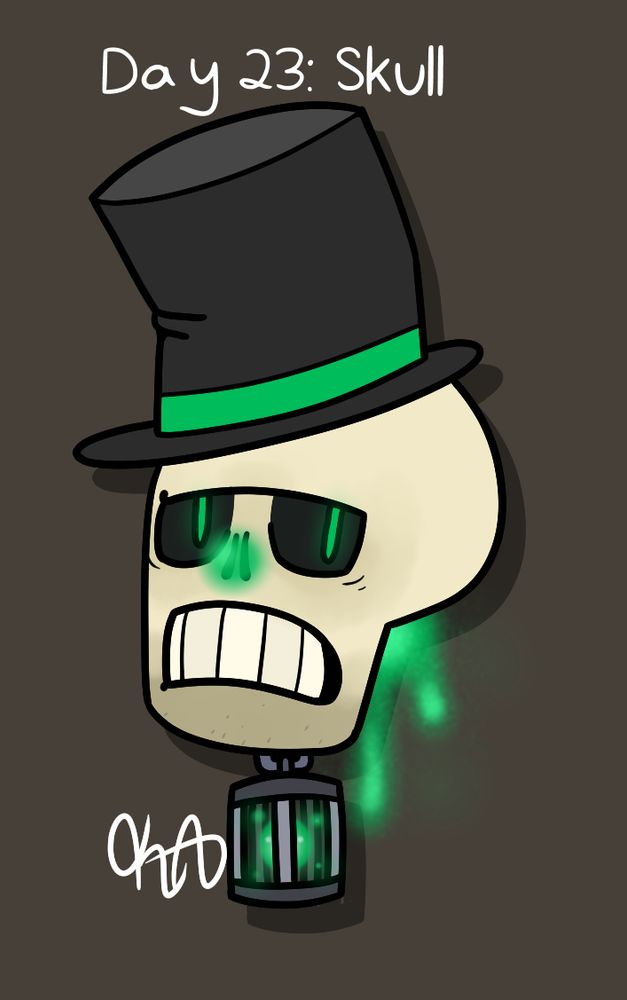 A floating skull that's quite grumpy in appearance.