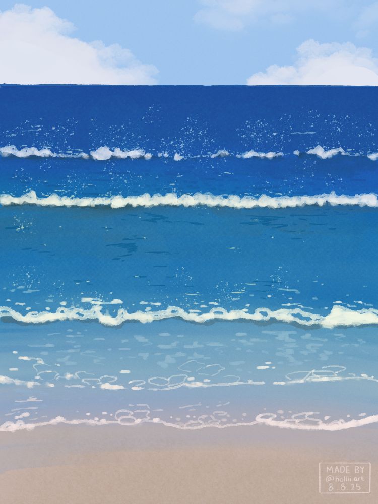 A digital painting drawn by me in procreate, depicting waves washing upon the shore with a cloudy sky overhead. It’s always really fun adding in all the lil sparkles at the end when drawing water :)