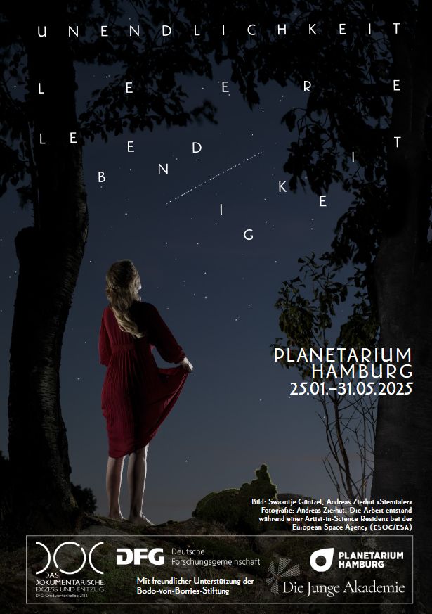 Die Fotografie zeigt die Rückenansicht einer Frau im roten Kleid, die vor einem stilisierten Sternenhimmel steht und ihre Röcke rafft. Am Himmel sind neben Gestirnen auch die Starlink-Satelliten von Space X deutlich zu sehen.