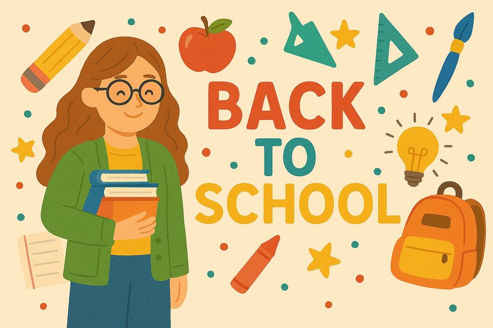 Back to school image featuring a young woman holding books, with school items such as backpack, crayon, pencil