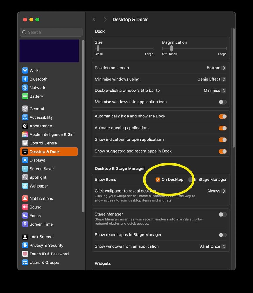 Screenshot of the MacOS System Preferences window. Particulary the Dekstop & Dock tab and the "On Desktop" checkbox. 

Maybe you already knew about this. I needed to look it up. 