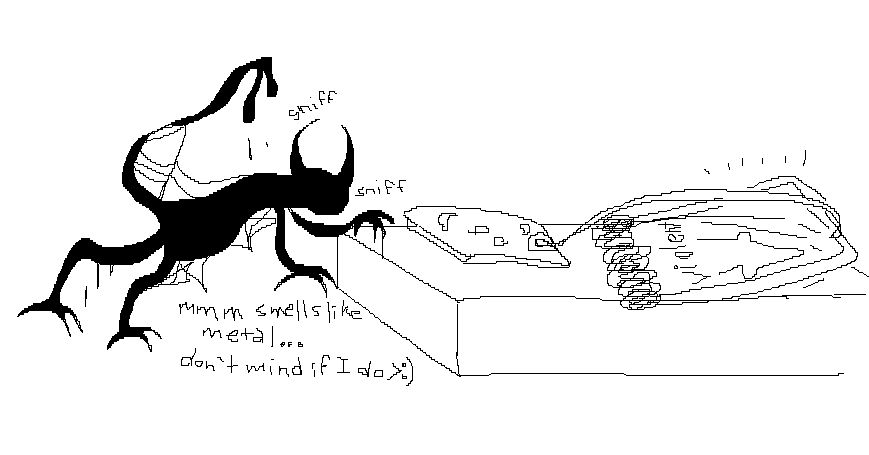 simple fanart inspired by devil's song and anthony green's art of a little black imp approaching a mouse trap. the handwritten text reads "sniff sniff mmm smells like metal... don't mind if I do >:)"