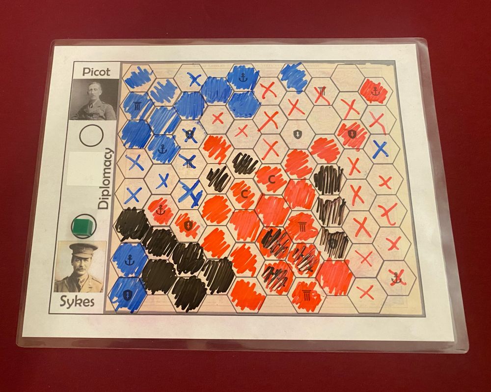 A finished map in a game of Sykes-Picot. In this game, players were aggressive and it resulted in a loss, which means neither player achieved any of their objectives. 