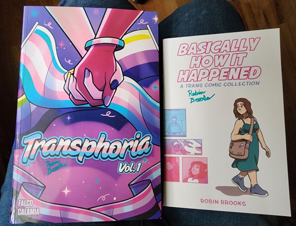 Two books, closed with their covers showing. On the left, Transphoria vol. 1. On the right, Basically How It Happened by Robin Brooks. Both are signed by Robin Brooks.