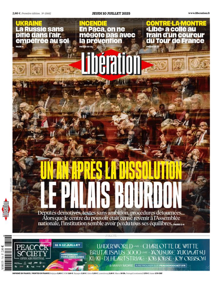 Un an après la dissolution : le Palais bourdon. C'est la une de Libération jeudi 10 juillet 2025. 