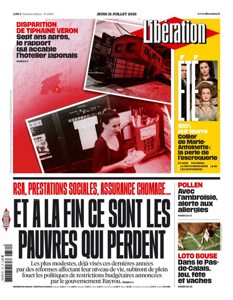La une de Libération du jeudi 31 juillet 2025. 