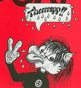 A Donald Rooum cartoon of his Revolting Pussycat character, an anthropomorphic Scottish wildcat, blowing a raspberry and flicking a V sign. She has an angry expression and has a circle-A badge on her chest. The speech bubble reads THRRRSPP!!
