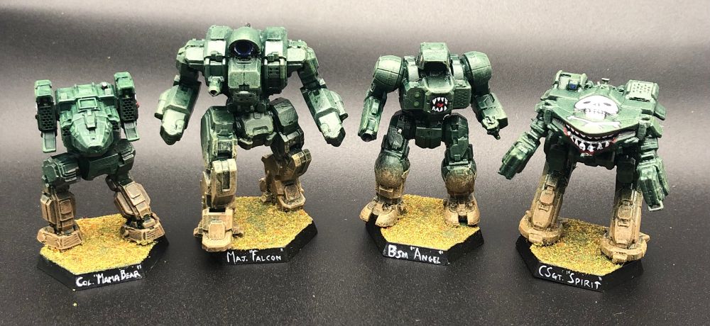 The Command Lance from the Inner Sphere mercenary unit, MacLeod’s Light Horse. It consists of an 85 ton Stalker 3H, a 90 ton Cyclops 10-Z, a 90 ton Highlander 732B and a 100 ton King Crab. They are all painted in a rich dark green with various designs - the Cyclops’ cockpit is painted to look like a giant staring eye, the Highlander has a monstrous mouth on its chest, and the King Crab has a skull and crossbones on its upper surface as well as a terrifying mouth painted around its cockpit. They are worn and dirty, with filth encrusting their lower legs up to the knees.