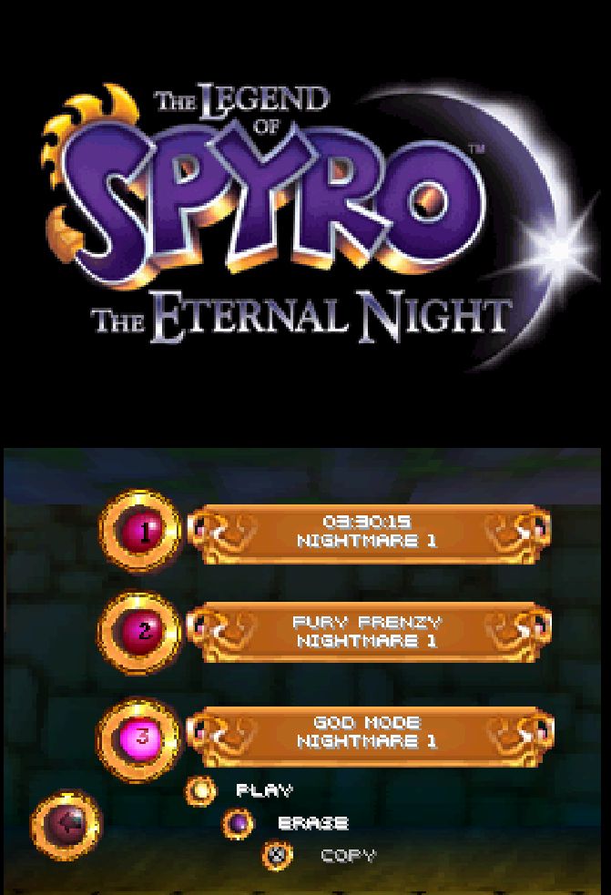 Screenshot of The Legend of Spyro: The Eternal Night on DS showing I completed the game on all modes.
