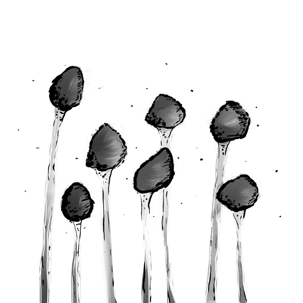 a bunch of enokis surrounded by spores. paint, subtraction, and ink
