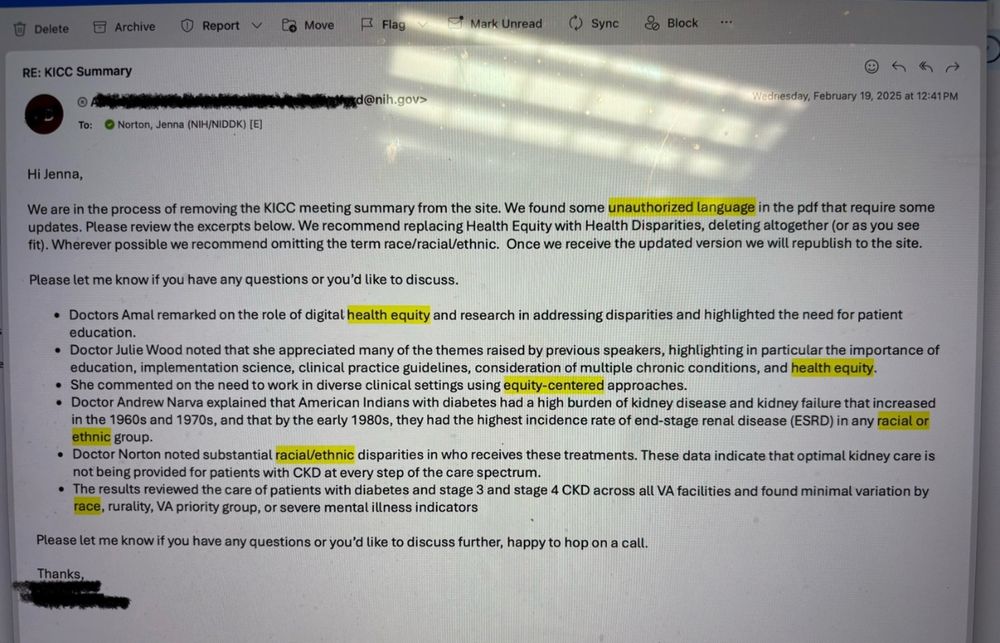 Email from an nih.gov email address addressed to Jenna Norton saying they are removing the KICC meeting summary due to “unauthorized language”  including “health equity” and “racial/ethnic” 