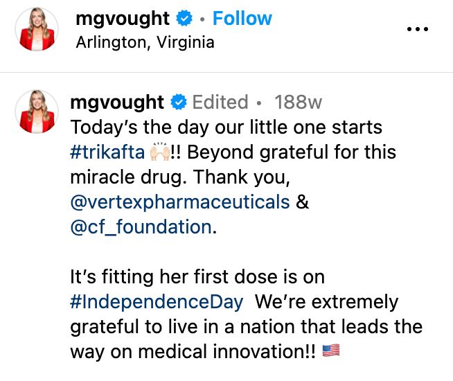 Russell Vought’s wife posts about how their daughter will be treated with “miracle drug”  trikafta, a lifesaving drug developed thanks to NIH research.