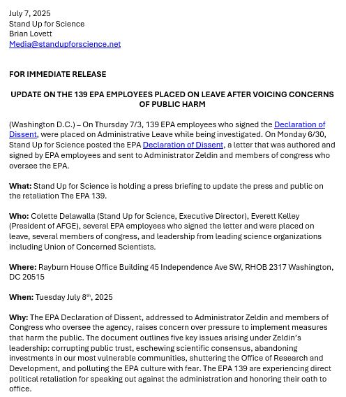 Update on the 139 EPA Employees placed on leave after voicing concerns of public harm.

Stand Up for Science is holding a press briefing to update the press and public on the retaliation of the EPA 139. 

Rayburn House Office Building, 45 Independence Ave SW DC.

Tuesday July 8