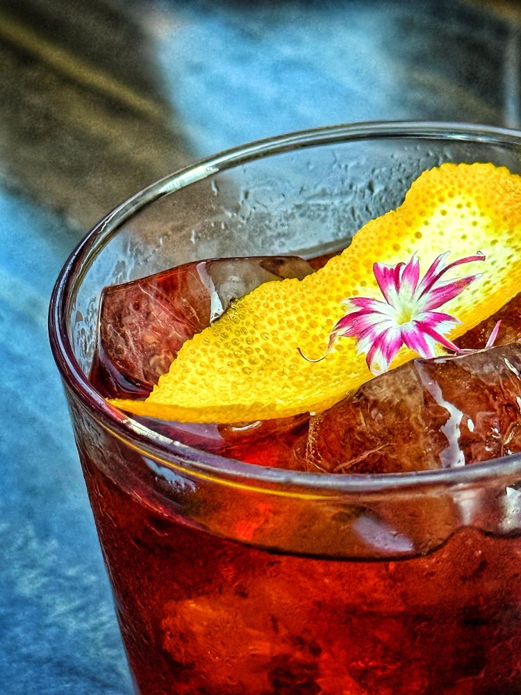 A tumbler containing a red liquid with ice cubes, a slice of orange zest and a tiny flower.