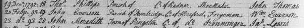 Apprenticeship register entry dated 20 February 1793: William Everson apprenticed to John Everson of Pembridge in Herefordshire, forgeman.