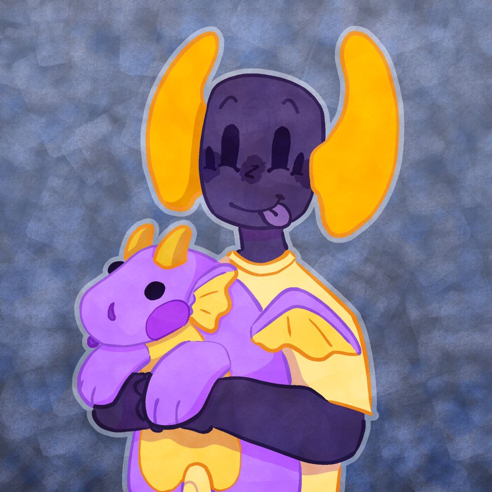 School picture of a young Banhammer holding a purple and yellow dragon plushie, he is very joyous