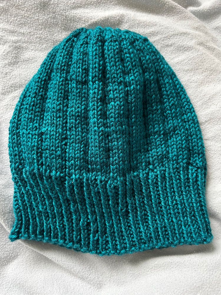 Blue green hand dyed yarn ribbed hat. 