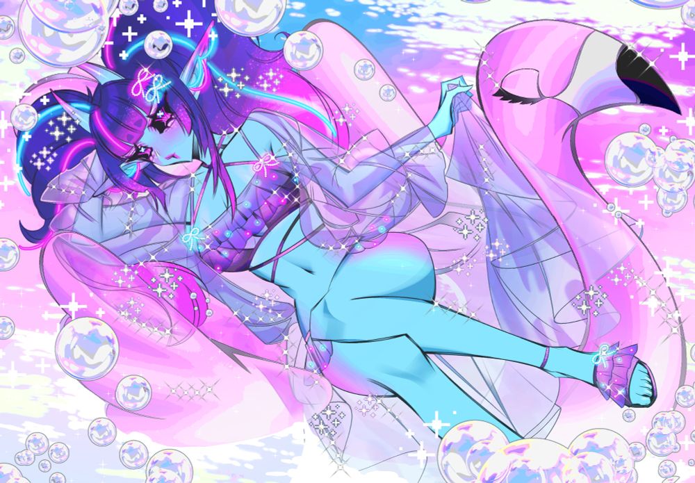 Glow laying on a pink flamingo pool float. They have on a purple bikini with pink and blue neon accents, and they are also wearing a flowy purple coverup. They have their lips puckered and are staring at the camera. The background is blue and pink water with lots of bubbles and sparkles. 