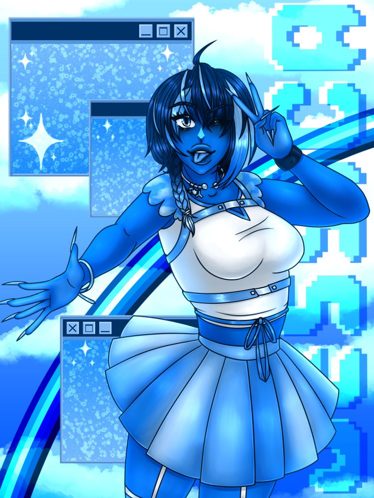 Jessica in a halfbody portrait style. The color palette is monochromatic blue. She is holding her left hand up in a peace sign to her face, and her right hand is pointed down and outstretched.  Her facial expression is a wink with tongue out. The background is clouds and internet browser windows with a monochromatic rainbow in the middle. Her name, "JESSICA" is written on the right side. 