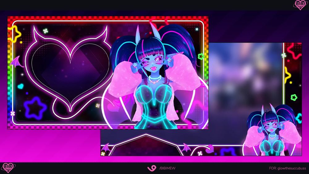 A showcase image of Glow's new chatting and gaming overlays. The theme is rainbow and checkerboard with demon themed chatboxes. There are stars, hearts, and Xs dotted around as well. Glow is posing on both screens with a happy face and double peace signs. 