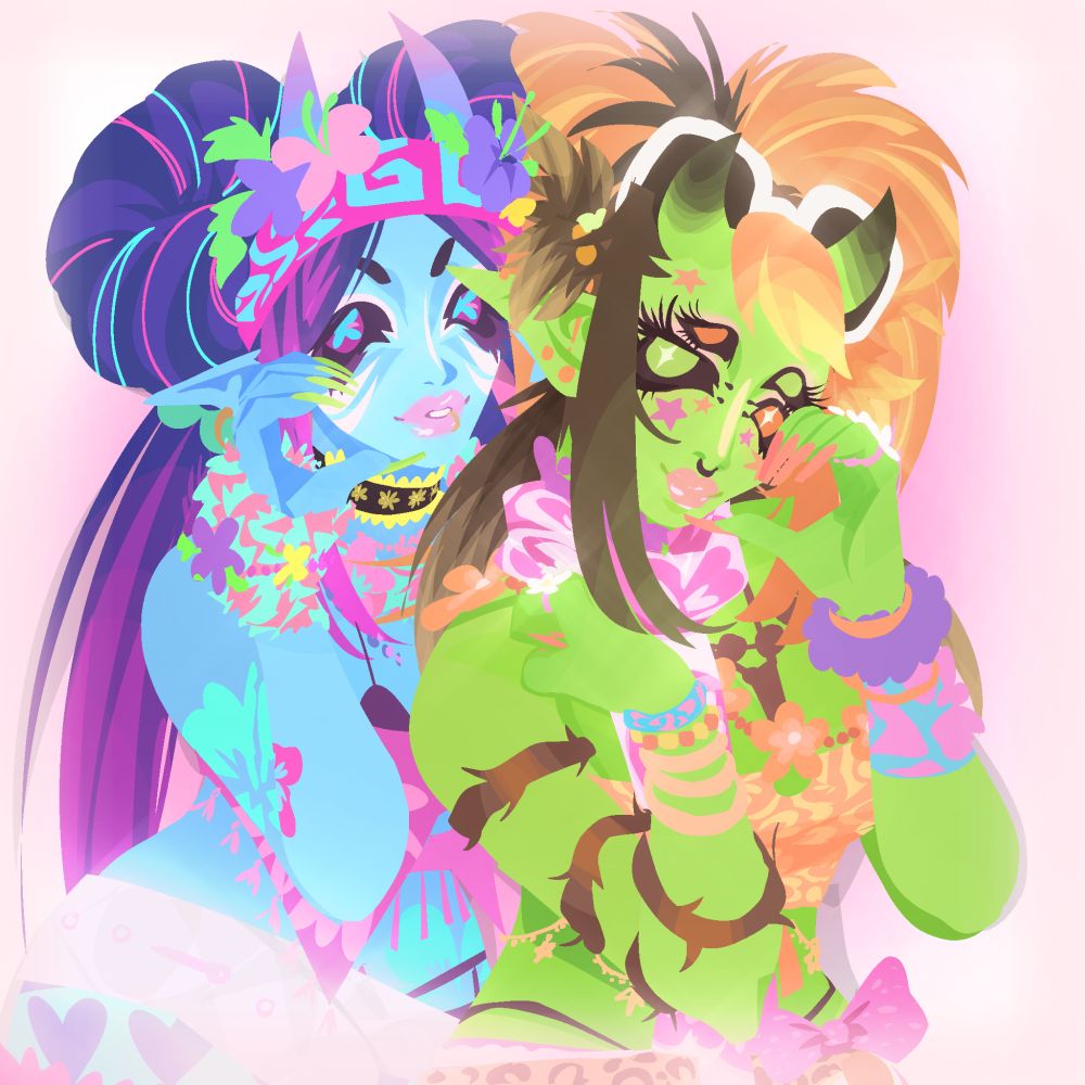 Glow and Leif posed together like they are in a photobooth. They are both wearing yamanba gyaru outfits with lots of flower accessories. They are both smiling at the camera and have their hands up in heart shapes neart their faces. The background is a soft pink gradient. 