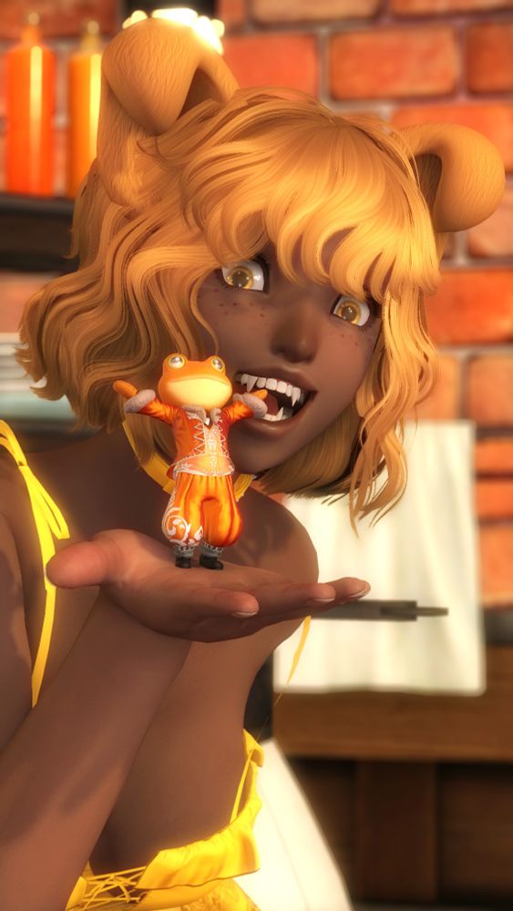 Honey, a deep tan-skinned Miqo'te with puppygirl features, golden blonde hair and gold eyes, wearing a bright yellow dress, holds Poot, a small, bright orange newt-person-thing with shiny orange clothes and black boots, in the palm of her hand. She smiles wide as he holds out his arms in a "Ta-dah!" pose.