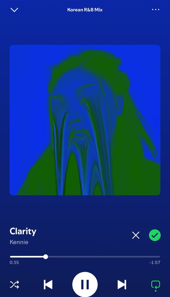 A screenshot from the Spotify app showing “Clarity” by Kennie playing in the “Korean R&B Mix”