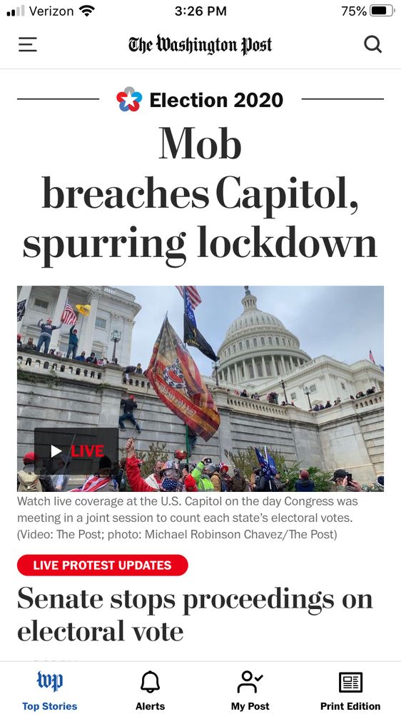 Washington Post front cover “Live protest updates: Mob breaches Capitol, spurring lockdown” Jan. 6, 2021