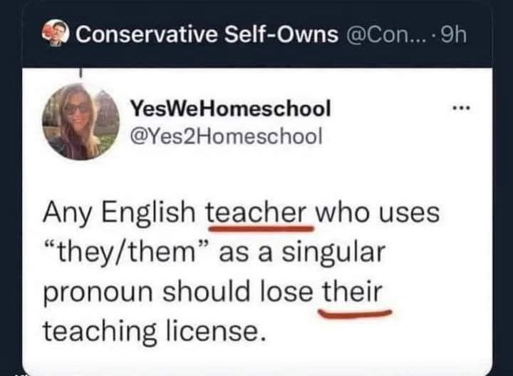 A screenshot of a tweet by handle “Yes We Homeschool” with a profile picture of a generic white woman in sunglasses that says, quite ironically, “Any English teacher who uses ‘they/them’ as a singular pronoun should lose their teaching license.” 