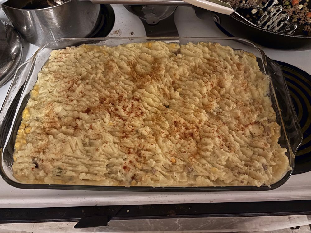 The completed shepherd’s pie (before baking)