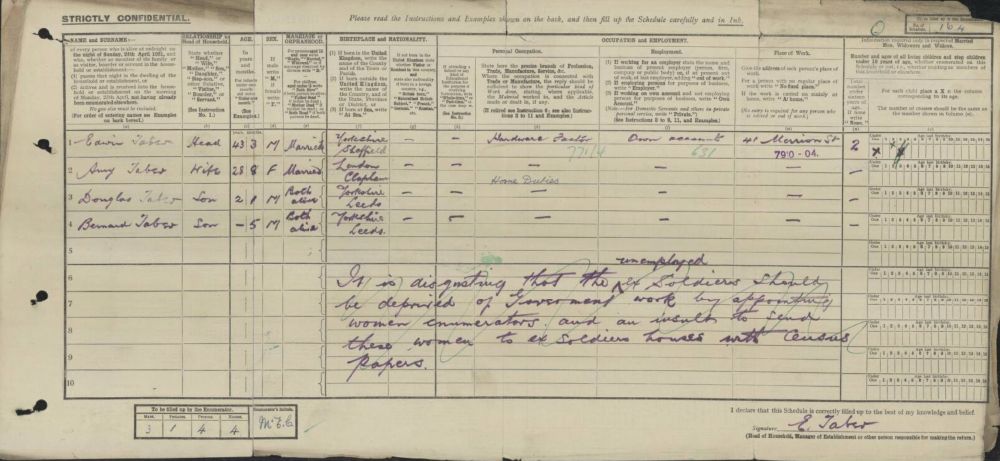 A schedule from the 1921 Census, where the head of the household has added a handwritten note