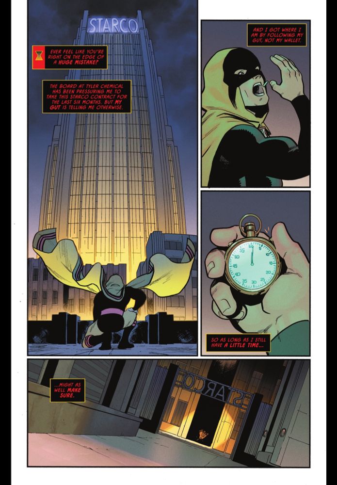 Hourman takes a Miraclo pill before heading into the Starco building. Look at the billowing cape!