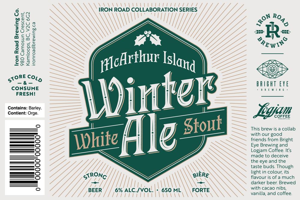 A green, gold, and off white label design for Iron Road Brewing's Winter Ale White Stout.